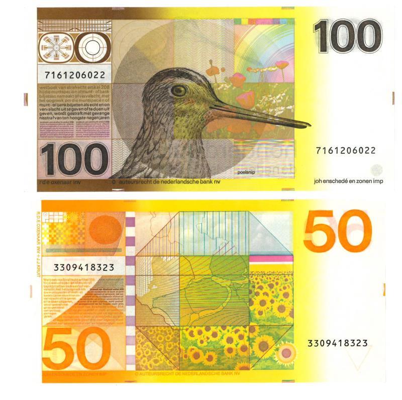 Nederland. 50 en 100 gulden. Bankbiljet. Type 1977-1982. Zonnebloem en Snip - Prachtig.