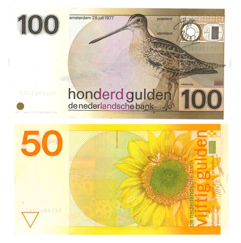 Nederland. 50 en 100 gulden. Bankbiljet. Type 1977-1982. Zonnebloem en Snip - Prachtig.