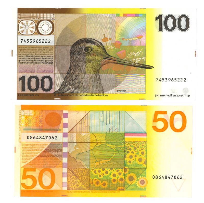 Nederland. 50 en 100 gulden. Bankbiljet. Type 1977-1982. Zonnebloem en Snip - Prachtig.