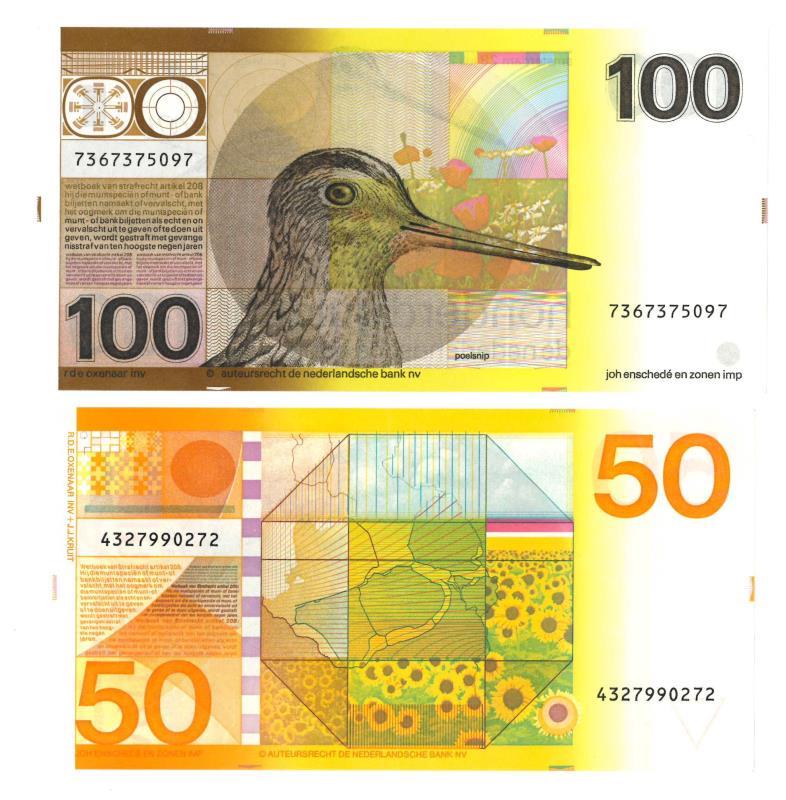 Nederland. 50 en 100 gulden. Bankbiljet. Type 1977-1982. Zonnebloem en Snip - Prachtig.