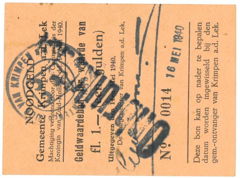 Nederland. 1 gulden. Noodgeld. Type 1940. Krimpen aan de Lek - Zeer Fraai.