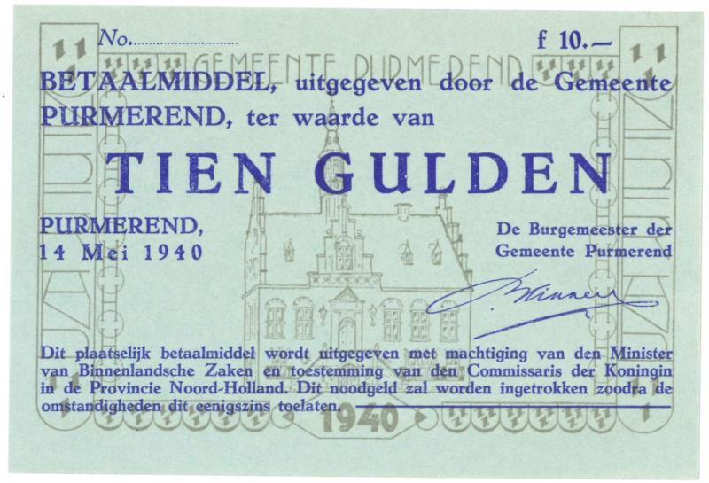 Nederland. 10 gulden. Noodgeld. Type 1940. Purmerend - UNC.