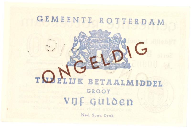 Nederland. 5 gulden. Noodgeld. Type 1940. Rotterdam - UNC.