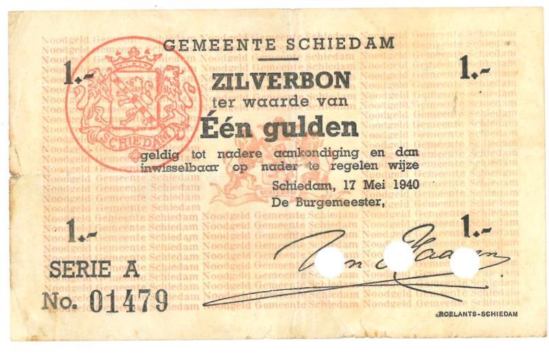 Nederland. 1 gulden. Noodgeld. Type 1940. Schiedam - Fraai.