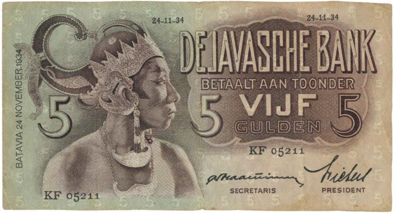 Netherlands-Indies. 5 gulden. Banknote. Type 1933. Javanese Dancers - Very Fine -.