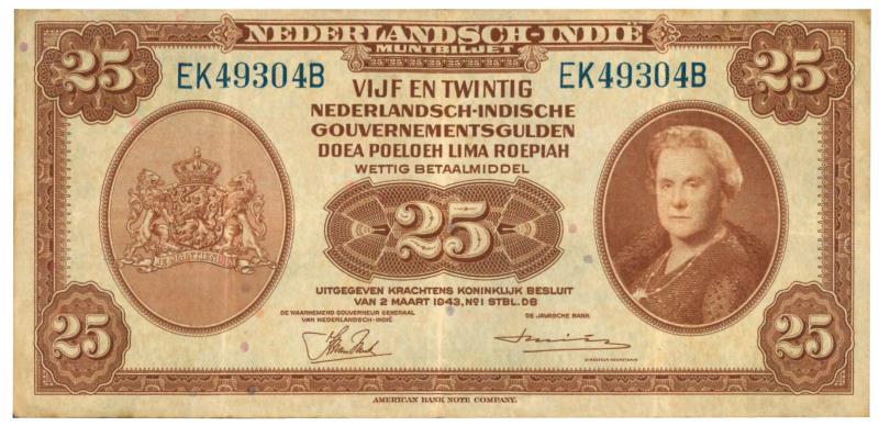 Netherlands-Indies. 25 gulden. Banknote. Type 1943. Wilhelmina - Fine / Very Fine.