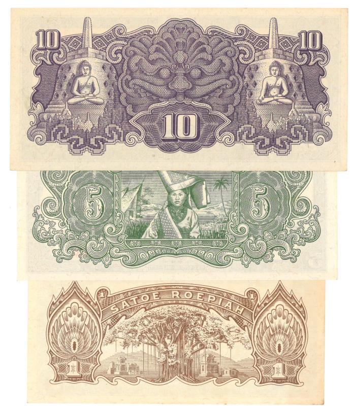 Netherlands-Indies. 1, 5 and 10 roepiah. Banknote. Type 1944. - Extremely Fine / UNC.