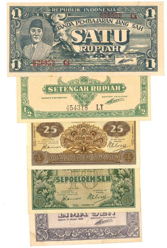 Netherlands-Indies. 5, 10, 25 Sen, ½ and 1 rupiah. Banknote. Type 1945. - Very Fine - UNC.