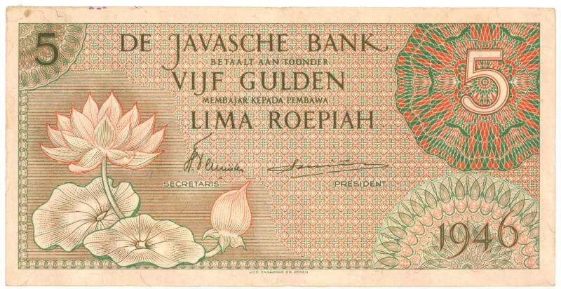 Netherlands-Indies. 5 gulden. Banknote. Type 1946. - Extremely Fine.