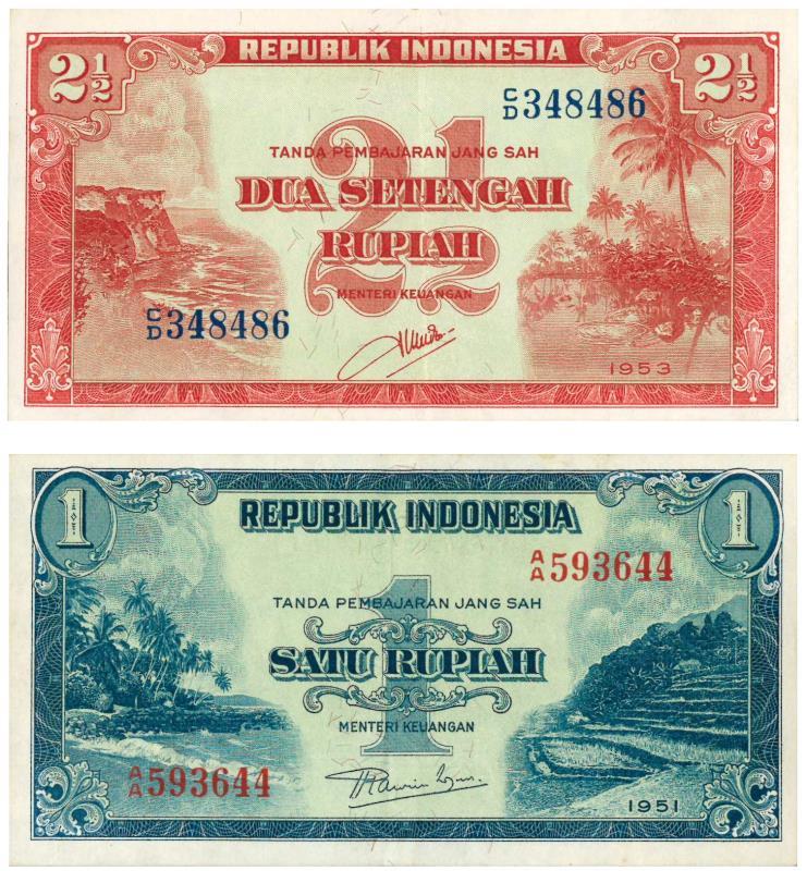 Indonesia. 1 and 2½ rupiah. Banknote. Type 1951-1953. - Extremely Fine.