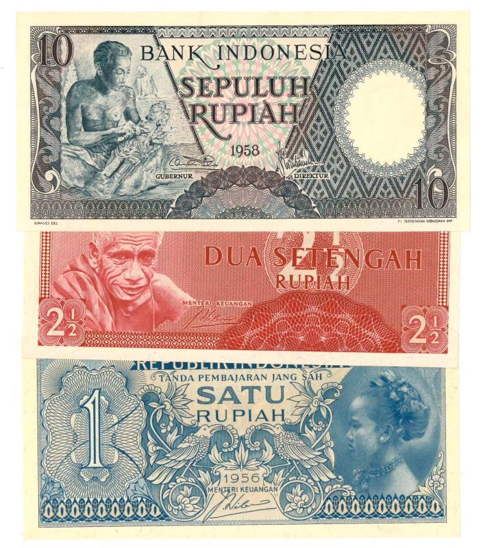 Indonesia. 1, 2½ and 10 rupiah. Banknote. Type 1956-1958. - UNC.