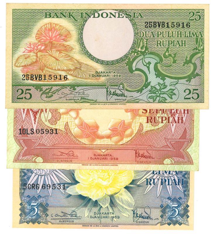 Indonesia. 5, 10 and 25 rupiah. Banknote. Type 1959. - About UNC.