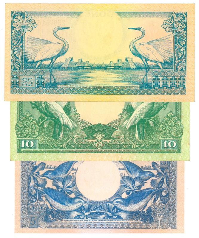 Indonesia. 5, 10 and 25 rupiah. Banknote. Type 1959. - About UNC.