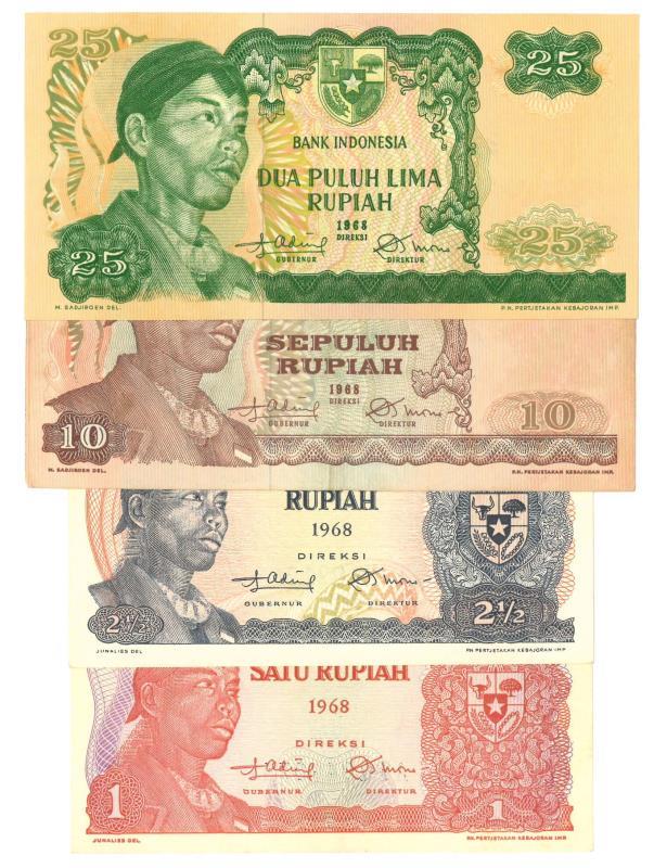 Indonesia. 1,2 ½, 10 and 25 rupiah. Banknote. Type 1968. - Very Fine - UNC.