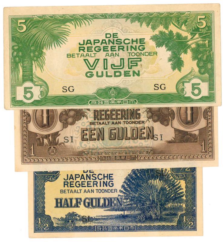 The Japanese Government. ½, 1 and 5 gulden. Banknote. Type 1942. - Very Fine - UNC.