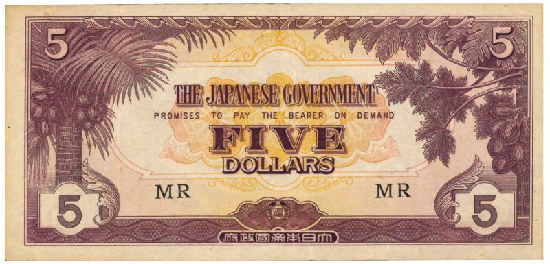 The Japanese Government. 5 rupees. Banknote. Type 1942. - Very Fine.