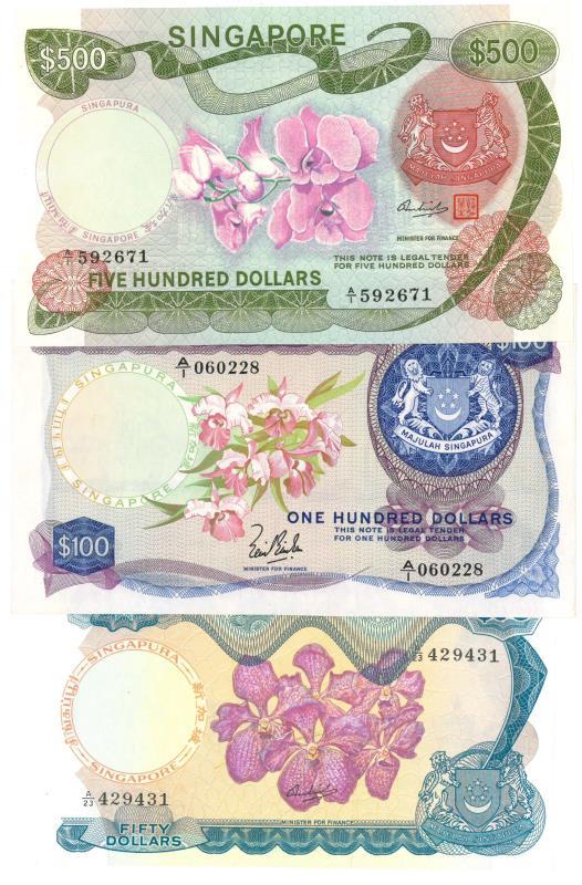 Singapore. 50, 100 and 500 dollars. Banknote. Type 1967. - UNC.