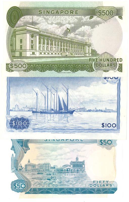 Singapore. 50, 100 and 500 dollars. Banknote. Type 1967. - UNC.