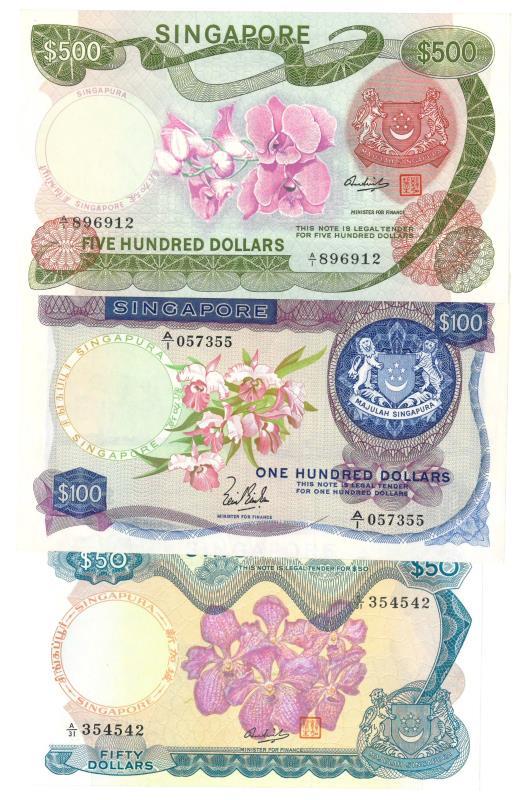 Singapore. 50, 100 and 500 dollars. Banknote. Type 1967. - UNC.