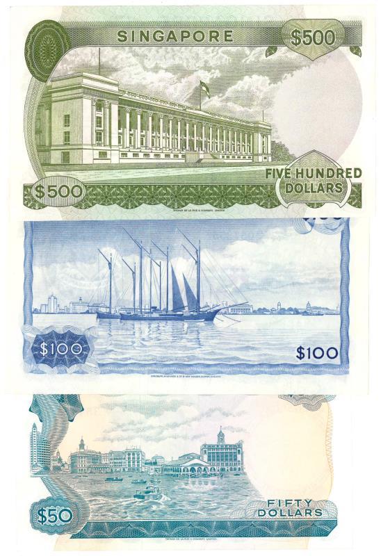 Singapore. 50, 100 and 500 dollars. Banknote. Type 1967. - UNC.