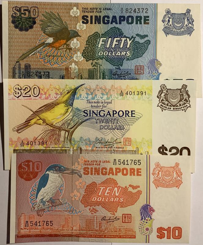 Singapore. 10,20 and 50 dollars. Banknote. Type 1976. - UNC.