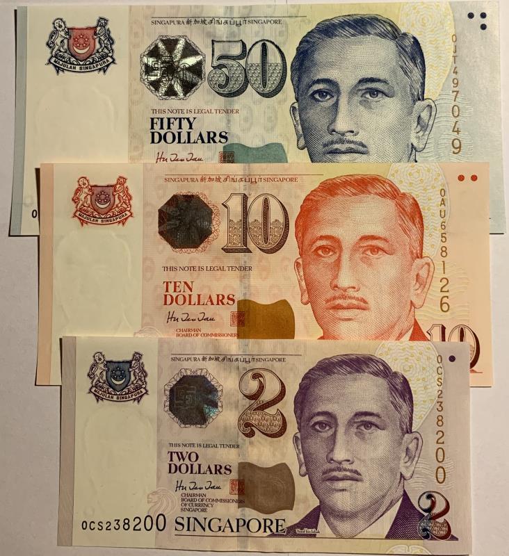 Singapore. 2, 10 and 50 dollars. Banknote. Type 1999. - UNC.