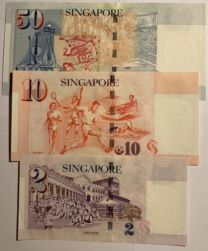 Singapore. 2, 10 and 50 dollars. Banknote. Type 1999. - UNC.