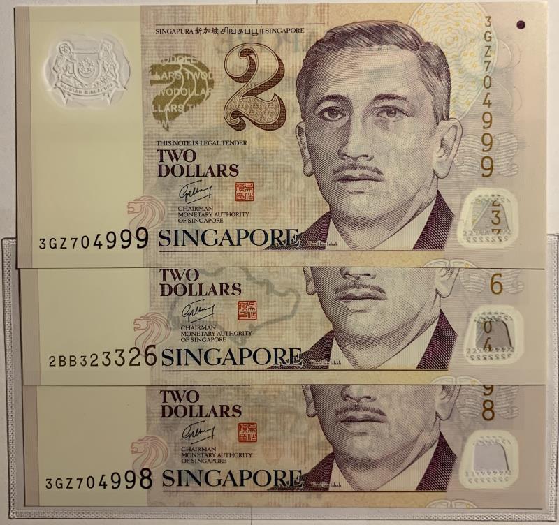 Singapore. 3x 2 dollars. Banknote. Type 2005. - UNC.