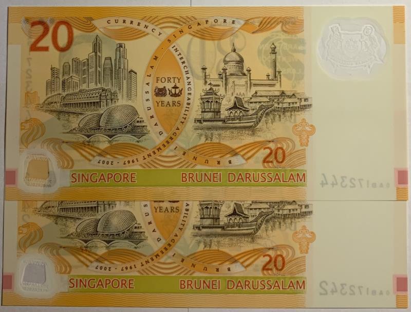 Singapore. 2x 20 dollars. Banknote. Type 2007. - UNC.