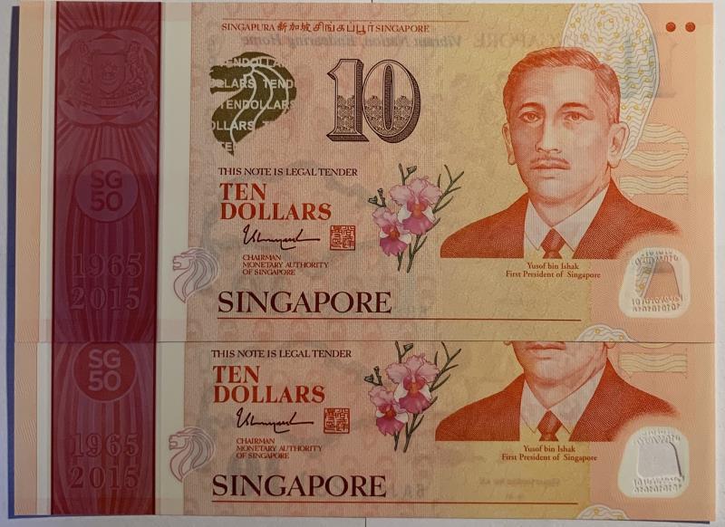 Singapore. 2x 10 dollars. Banknote. Type 2015. - UNC.