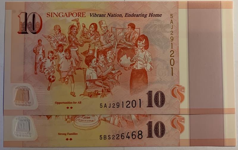 Singapore. 2x 10 dollars. Banknote. Type 2015. - UNC.