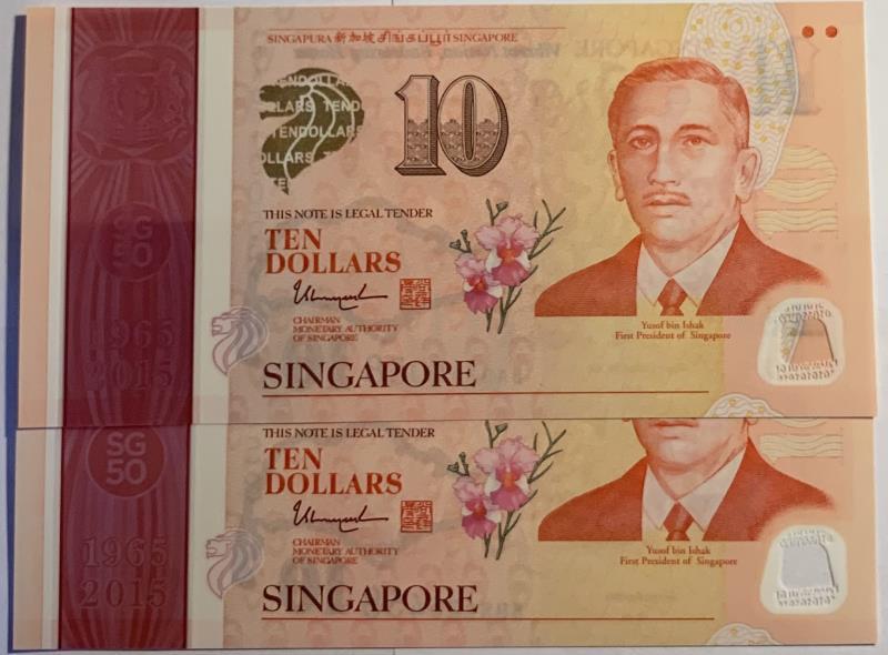 Singapore. 2x 10 dollars. Banknote. Type 2015. - UNC.