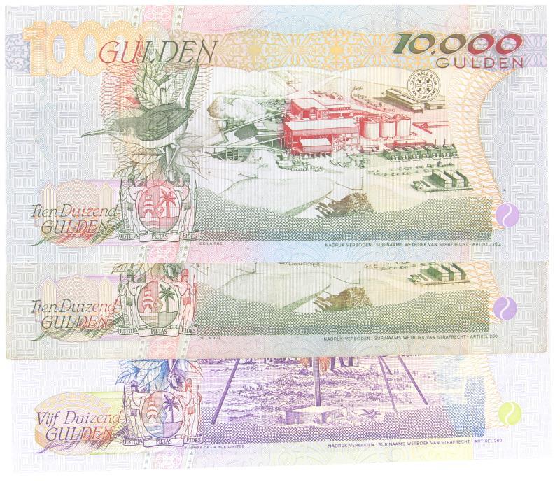 Suriname. 5000 and 2x 10000 gulden. Banknote. Type 1997. - UNC.