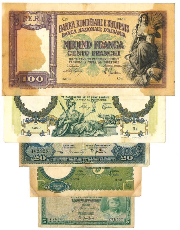 Albania. 2x 5 francs, 2x 20 francs en 100 francs. Banknote. Type 1925-1940. - Very good / Fine.