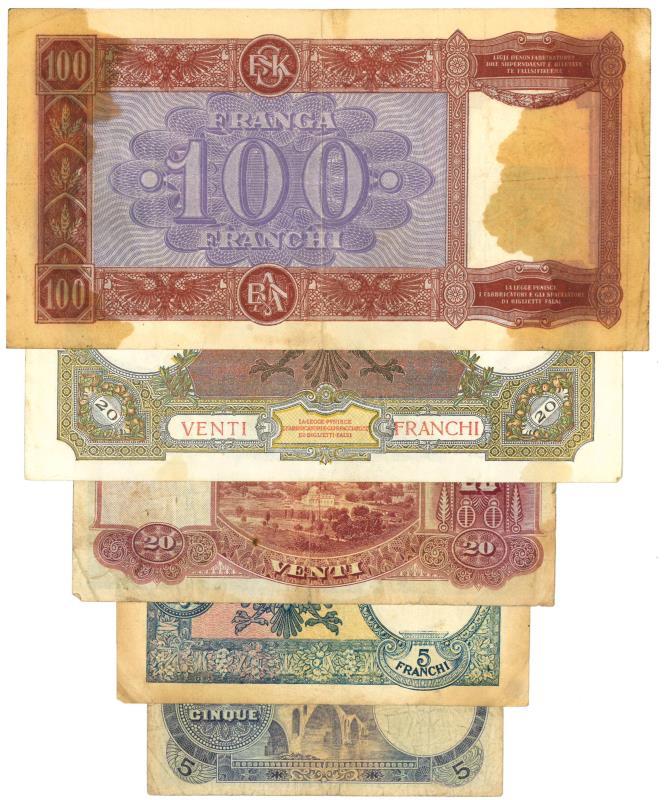 Albania. 2x 5 francs, 2x 20 francs en 100 francs. Banknote. Type 1925-1940. - Very good / Fine.