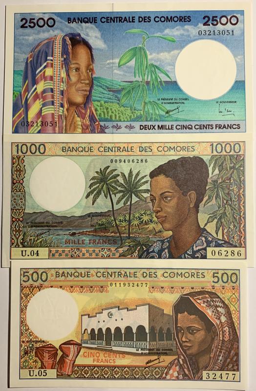 Comoren. 500, 1000 and 2500 francs. Banknote. Type 1984-1997. - UNC.