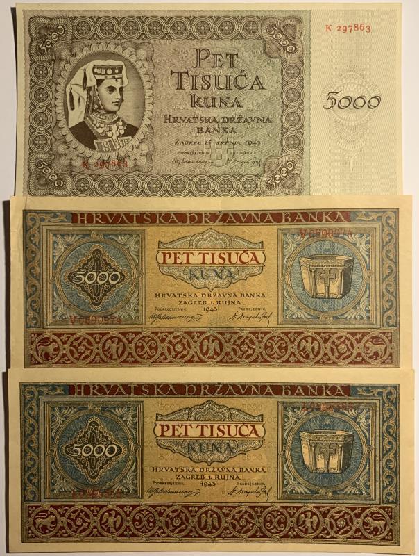 Croatia. 3x 5000 kuna. Banknote. Type 1943. - Very Fine - UNC.