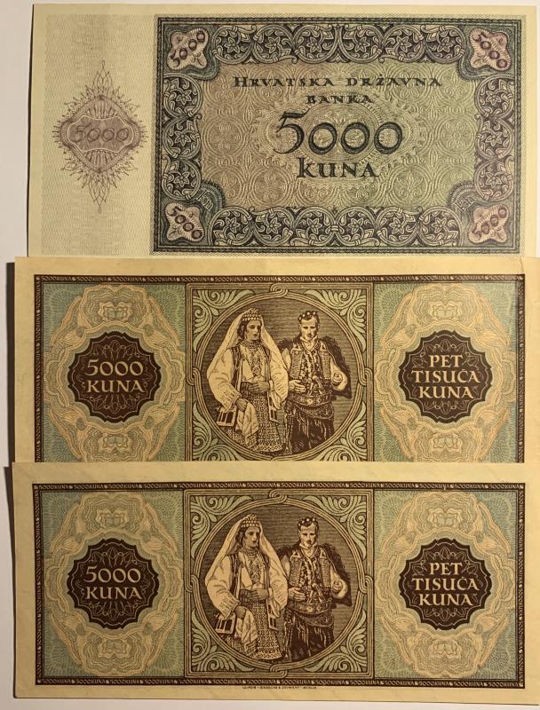 Croatia. 3x 5000 kuna. Banknote. Type 1943. - Very Fine - UNC.