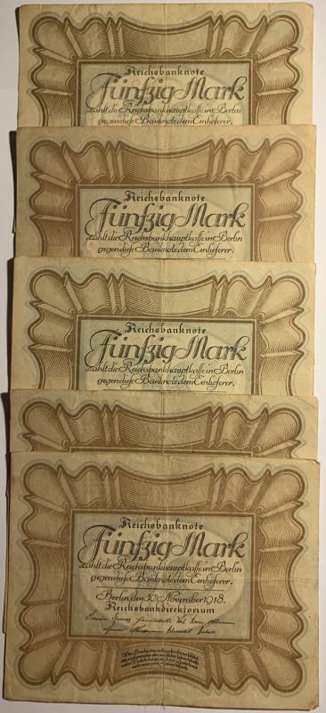 Germany. 5x 50 mark. Banknote. Type 1918. - Very Fine.