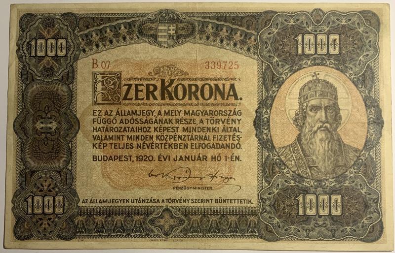 Hungary. 1000 korona. Banknote. Type 1920. - Very Fine +.