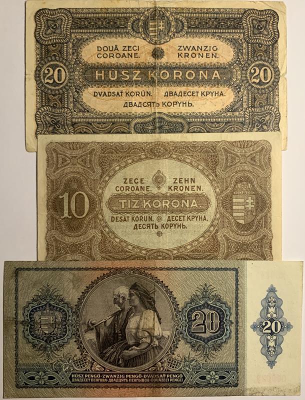 Hungary. 10, 20 Korona and 20 pengö. Banknote. Type 1920-1941. - Very good / Very Fine.