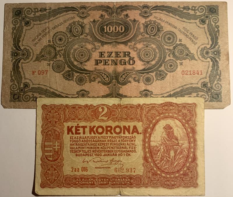 Hungary. 2 Korona and 1000 pengö. Banknote. Type 1920-1945. - Very good / Fine.