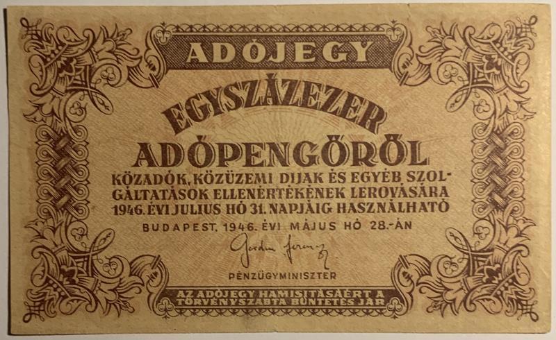 Hungary. 100000 pengö. Banknote. Type 1946. - Very Fine.