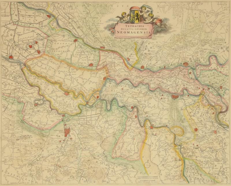 Een handingekleurde kaart van Nijmegen en omgeving naar ouder voorbeeld. 