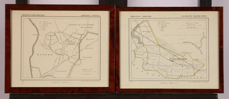 Twee handingekleurde kaarten van St. Pancras en Gemeente Krabbendijke naar ouder volrbeeld van Hugo Suringar, Leeuwarden.