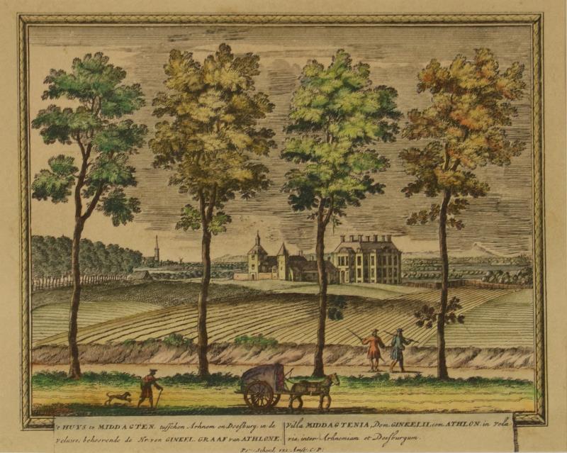 Een handingekleurde herdruk van een opticaprent van het Huis Middachten tussen Arnhem en  Doesburg.
