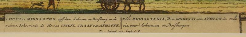 Een handingekleurde herdruk van een opticaprent van het Huis Middachten tussen Arnhem en  Doesburg.