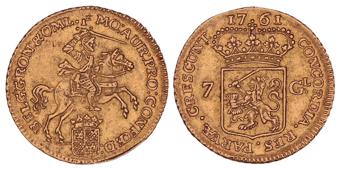 Halve gouden Rijder van 7 Gulden Groningen en ommelanden 1761. Zeer fraai / Prachtig.