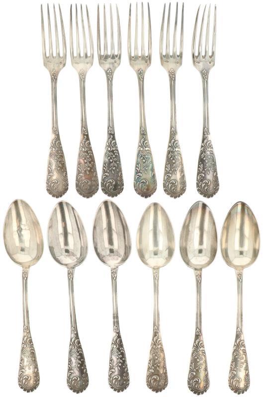 (12) Delige set lepels & vorken zilver.