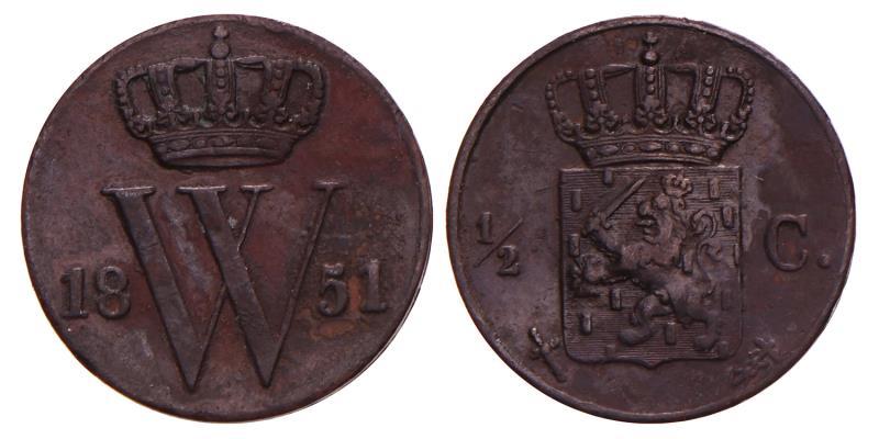 ½ Cent Willem III 1851. Zeer Fraai -.